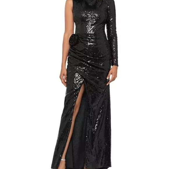 Aqua Dresses & Skirts - AQUA One Sleeve Sequin Gown Women's 4 Black Round Neck Rosette Detail Back Zip